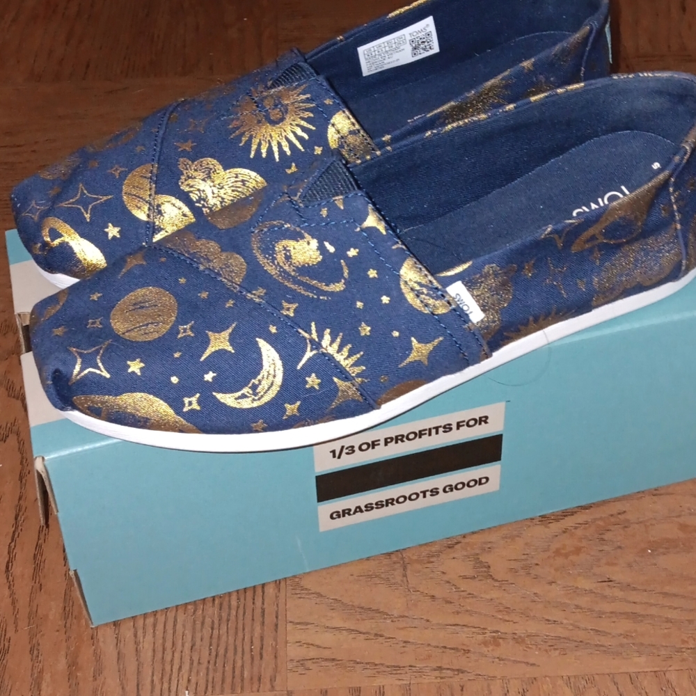 TOMS Women's Navy & Gold Foil Alpargata Celestial Slip On Flats NEW